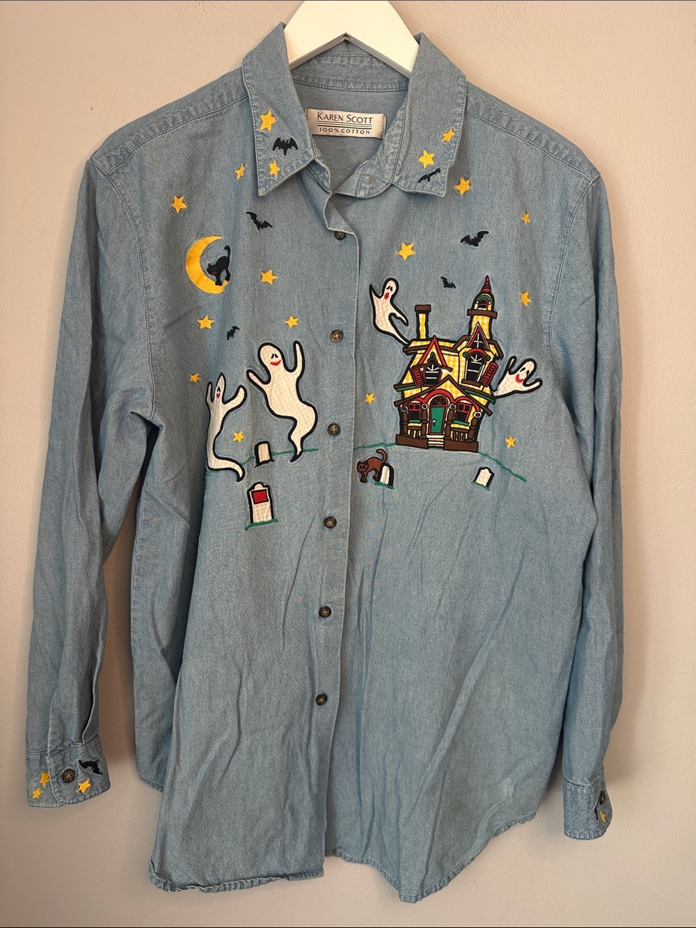 Karen Scott Light Blue Denim Halloween Ghost & Haunted House Shirt size L